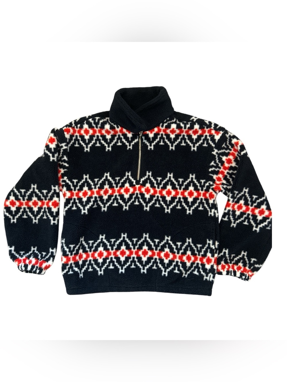 Tommy Hilfiger Women’s Small Sherpa Fleece Pullover Fair Isle 1/4 Zip Navy Red